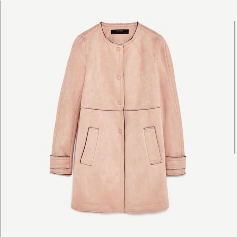 ZARA Jacket Size Large Women's Light Blush Pink Faux Microsuede Coat